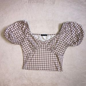 Cream White Plaid Puff Sleeve Blouse Crop Top